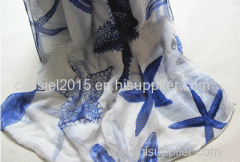 blue color starfish print 100%linen scarf with rolled edges