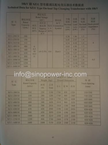 SZ11-1600/10 SZ11 TYPE ON-LOAD CHANGING TRANSFORMER WITH 10KV 