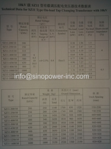 SZ11-1600/10 SZ11 TYPE ON-LOAD CHANGING TRANSFORMER WITH 10KV 