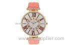 Lady Pink Leather Wristband Watch Round Metal Case Quartz Watches