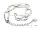 Silver Plated Stainless Steel Bangle Bracelets With Flat Oval Circle Charms And Chain Link