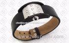 Genuine Mens Leather Bangle Bracelets 316L Stainless Steel PVD Black Plated