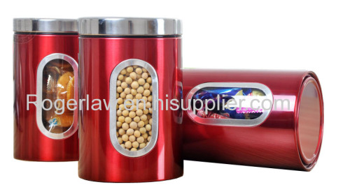 round airtight tea tin can, coffe can with plastic frame inside and transparent window