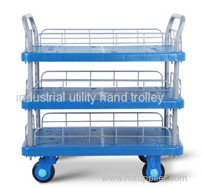 Three Layers Plastic Mute Handcart with wheels heavy duty material moving trolley