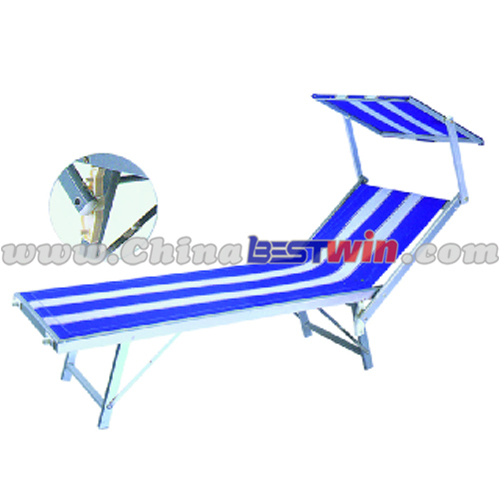 Blue Stripe Folding Sun Bed Lounger With sun visor