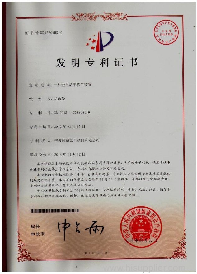 Invention Patent of  a fully automatic sliding door