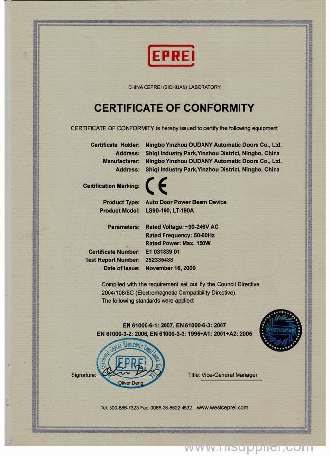 CE certificate of auto door power beam device