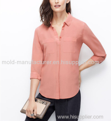 100% Silk Pink solid fashion long type button tab box blouse China dress low price new style in 2015
