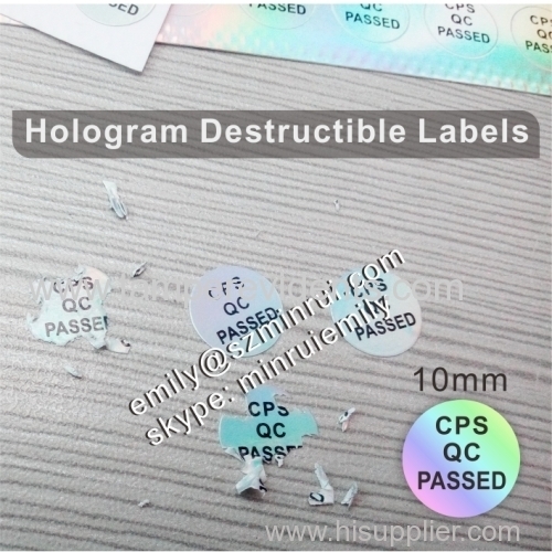 Custom 10mm round one time use tamper evident QC Passed hologram destructible labels
