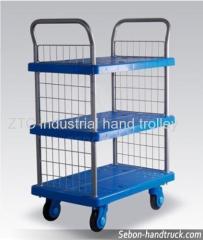 Plastic mobile material transport platform hand trolley on wheel