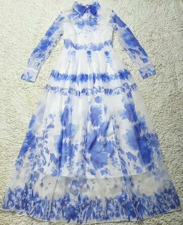 2015 new style wholesale plus size maxi dress blue and white half sl e eve print dress