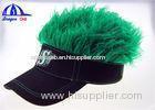 Black Cotton Lady's Sun Visor Hats With Green Fake Hairs And Embroidery Logo