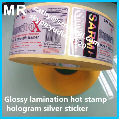 Glossy surface Matte silver PET self adhesive vinyl rolls sticker with hologram logo printing