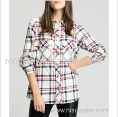 Women's 2 pockets with flap plaid flannel shirt
