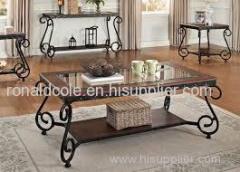 80090S Acme Furniture Waneta Cherry Wood Glass Metal 3pc Glass Top Coffee-End Table Set