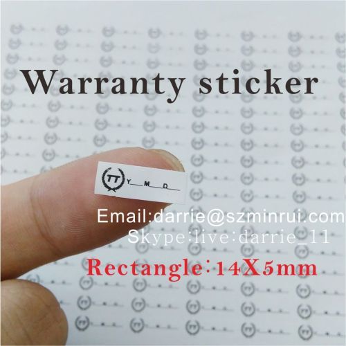 Small Rectangle 14X5mm on the electronics Destructible Self-Adhesive crumblin with date and logo warranty sticker.