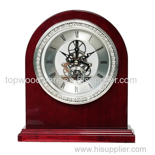 luxury fake diamond studded wooden skeleton clock