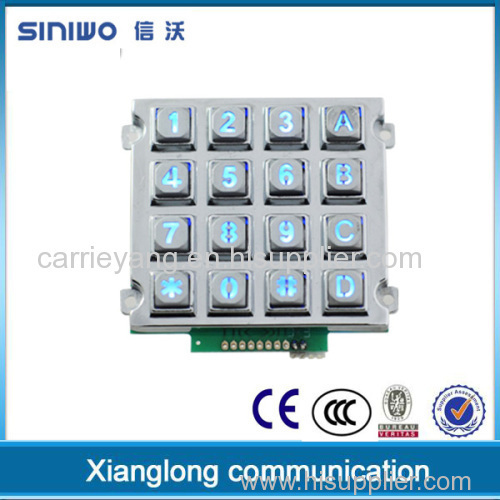 Durable ATM industrial backlit metal number keypad with 16 led keys