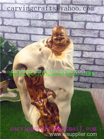 Chinese Happy Laughing Buddha Sculpture handwork along with the shape of tree root carving- cypress-6
