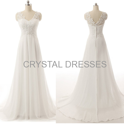 ALBIZIA Ivory Beading V-neck Applique A-line Lace Chiffon Long Beach Wedding Dresses