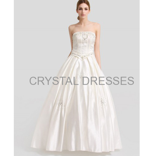 ALBIZIA Beading Ivory Strapless Crystal A-line Beads Ball Gown Satin Long Beach Wedding Dresses