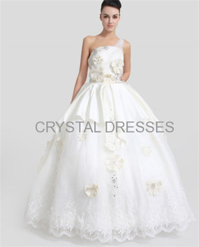 ALBIZIA Ivory Organza One Shoulder Floor Length Appliques Ball Gown Lace-up Wedding Dresses
