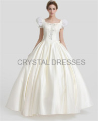 Ivory square puff appliques beading ruffle bows floor length ball gown dresses