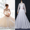 ALBIZIA Vintage White Scoop Lace Satin A Line Wedding Dresses with Handmade Flower