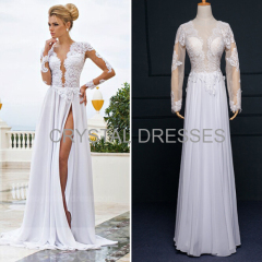 ALBIZIA Exquisite White Scoop Lace Chiffon Split A Line Sheath Floor length Wedding Dresses