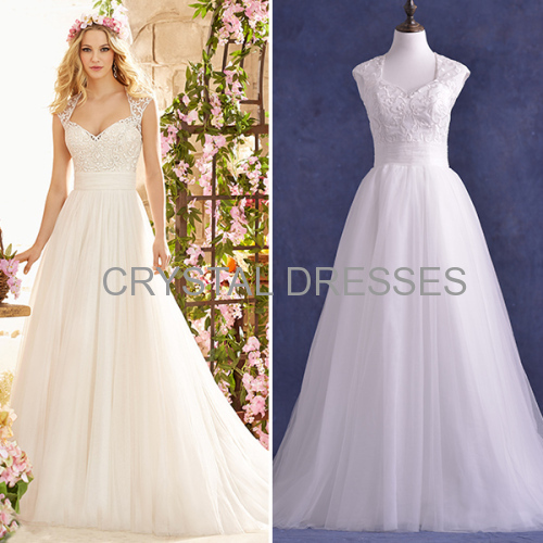 ALBIZIA beautiful White Concise Tulle Bateau Embroidery A-Line Tulle Wedding Dresses