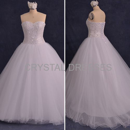 ALBIZIA Gorgeous Beading Tulle A Line Ball Gown Rhinestone\Crystal Watteau Wedding Dresses