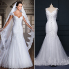 ALBIZIA Exquisite Pleated White Bateau Lace Tulle Beads Sweep/Brush Mermaid Wedding Dresses