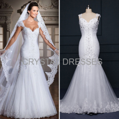 ALBIZIA Exquisite Pleated White Bateau Lace Tulle Beads Sweep/Brush Mermaid Wedding Dresses
