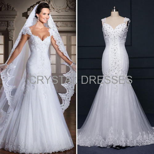 ALBIZIA Exquisite Pleated White Bateau Lace Tulle Beads Sweep/Brush Mermaid Wedding Dresses