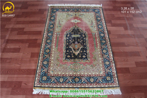 Pink Color Prayer Rug 3.3x5ft Handmade Silk Pray Carpet Turkish Silk Rug