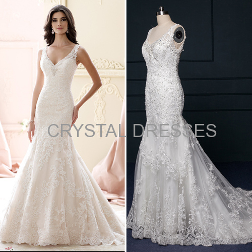 ALBIZIA 2016 Retro Beading Lace Satin Open Back Sweep/Brush Mermaid Wedding Dresses