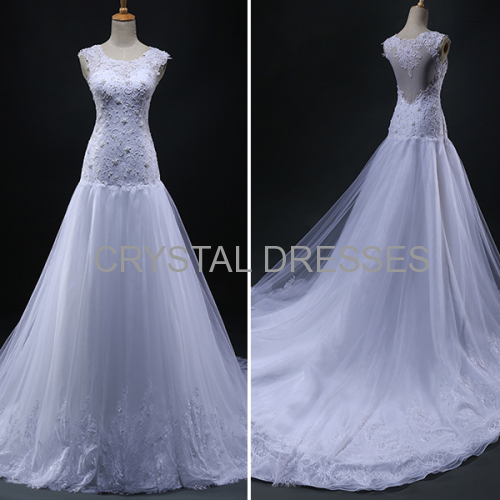 ALBIZIA Beading White Lace Tulle Sheer Back A-line Wedding Dresses