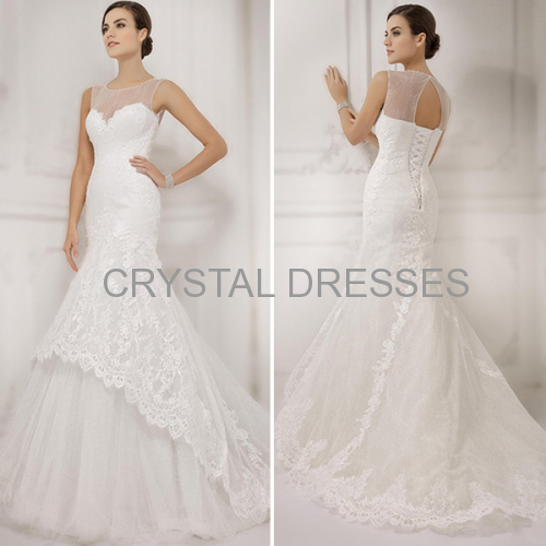 ALBIZIA Fashion Ivory Lace Bateau Tulle Sweep/Brush Wedding Mermaid Dresses