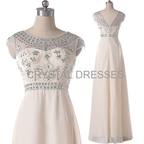 ALBIZIA Beads Cap Champagne Chiffon Long Evening Bridesmaid Prom Dress