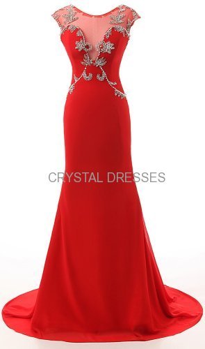 ALBIZIA high quality Beading Red Chiffon Long Mermaid Red Prom Dress