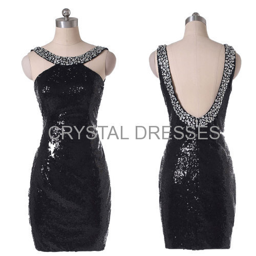 ALBIZIA Beading Black Lace Paillette / Sequin Mini Short Evening Cocktail Dress