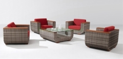 Outdoor patio rattan sofa set with teakwood armrest furniture