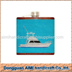 AIMI Stainless steel needlepoint hip flasks trimed with genuine leather