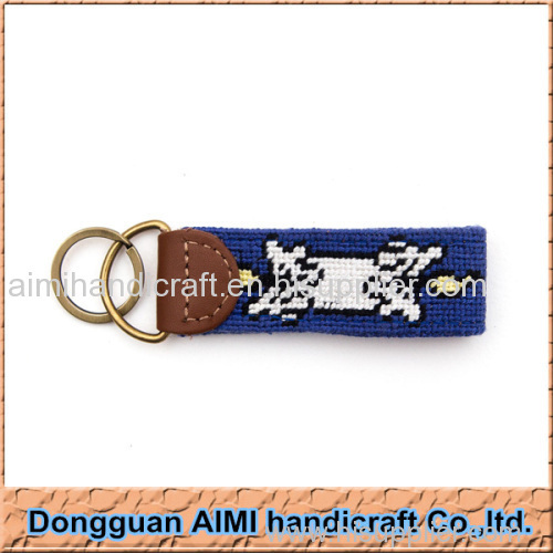 AIMI 2016 new design blue color custom handmade leather key chain needlepoint key fob