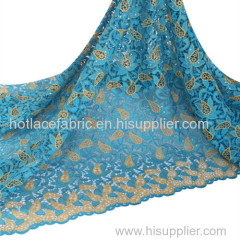 Hot selling african embroidery guipure cord lace fabric with rhinestones for nigerian wedding dress