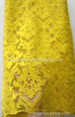 2016 latest mesh french net high quality african tulle lace fabric yellow with beads rhinestones for wedding party dress