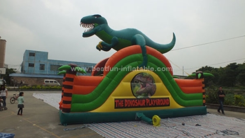 Dinosaur single lane inflatable slides with dragon for park