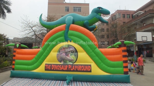 Dinosaur single lane inflatable slides with dragon for park