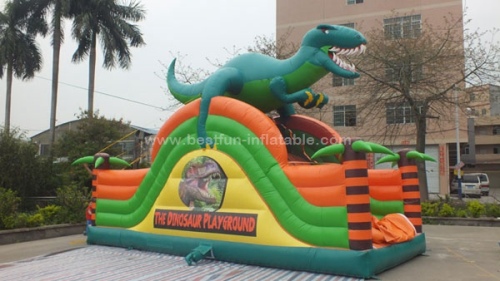 Dinosaur single lane inflatable slides with dragon for park