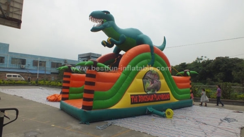 Dinosaur single lane inflatable slides with dragon for park